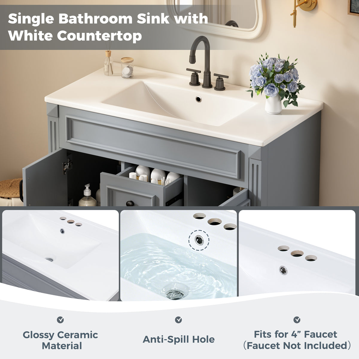 36" Floating Bathroom Vanity with Sink, Wall Mounted French Style Vanity with Stripe Carvings & Ceramic Sink for 4" Faucet, Overflow, Soft Close Door,Grey