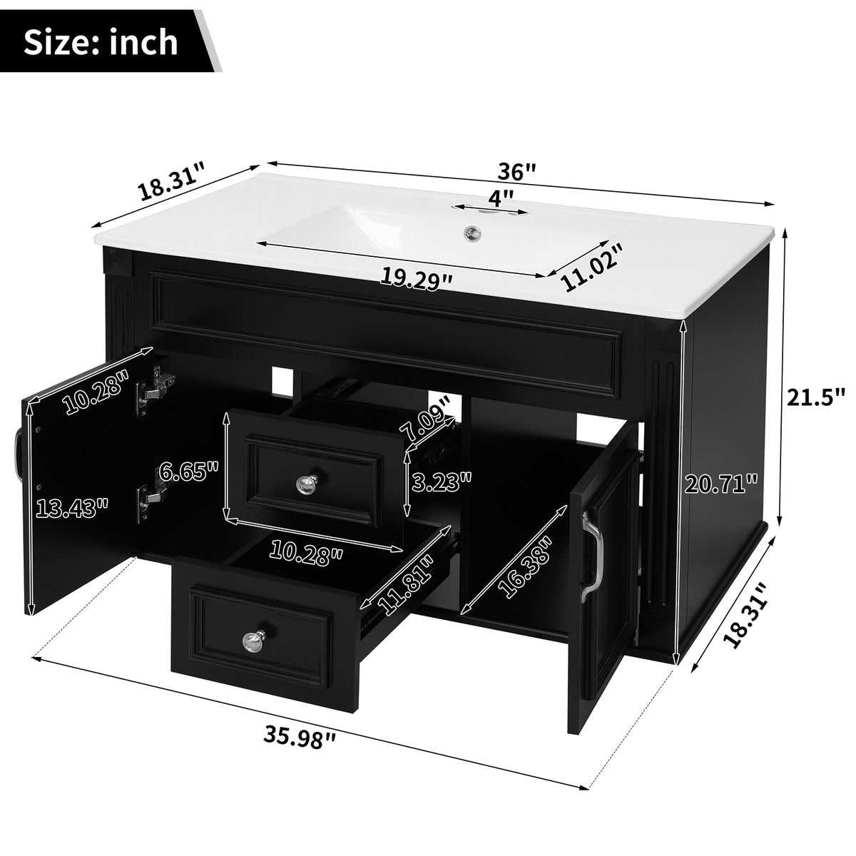 36" Floating Bathroom Vanity with Sink, Wall Mounted French Style Vanity with Stripe Carvings & Ceramic Sink for 4" Faucet, Overflow, Soft Close Door,Black