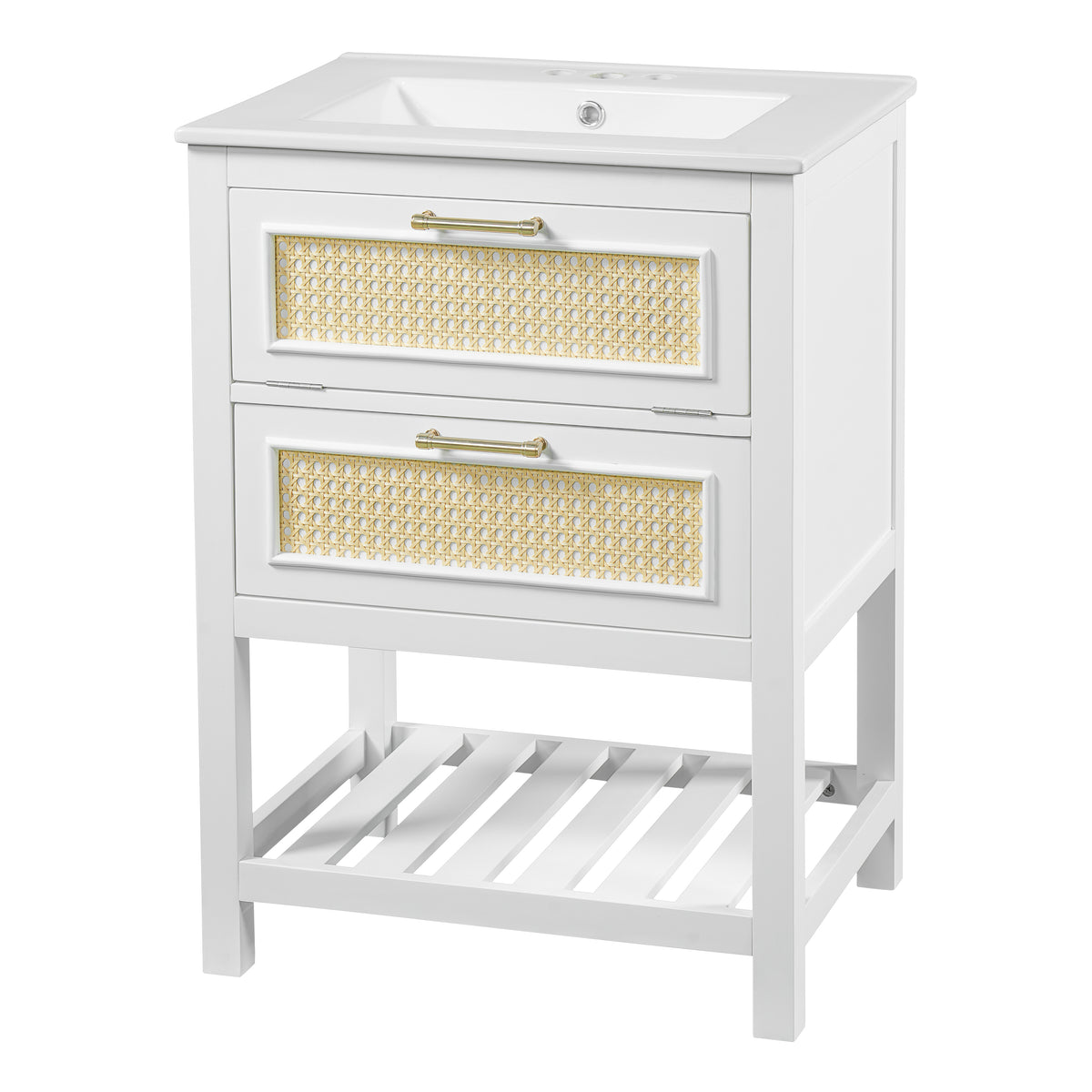 24" Bathroom Vanity with Sink, Modern Bathroom Vanity with Tip-Out Drawer & Ceramic Sink for 4" Centerset Faucet, Solid Wood Feet, Soft Close,White