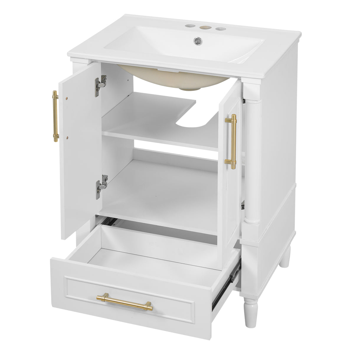 24" Bathroom Vanity with Sink, French Style Bathroom Vanity with Carved Legs & Drawer, Adjustable Shelf, Back Cutout for Plumbing, Soft Close Door,White