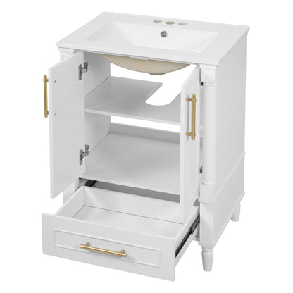 24" Bathroom Vanity with Sink, French Style Bathroom Vanity with Carved Legs & Drawer, Adjustable Shelf, Back Cutout for Plumbing, Soft Close Door,White