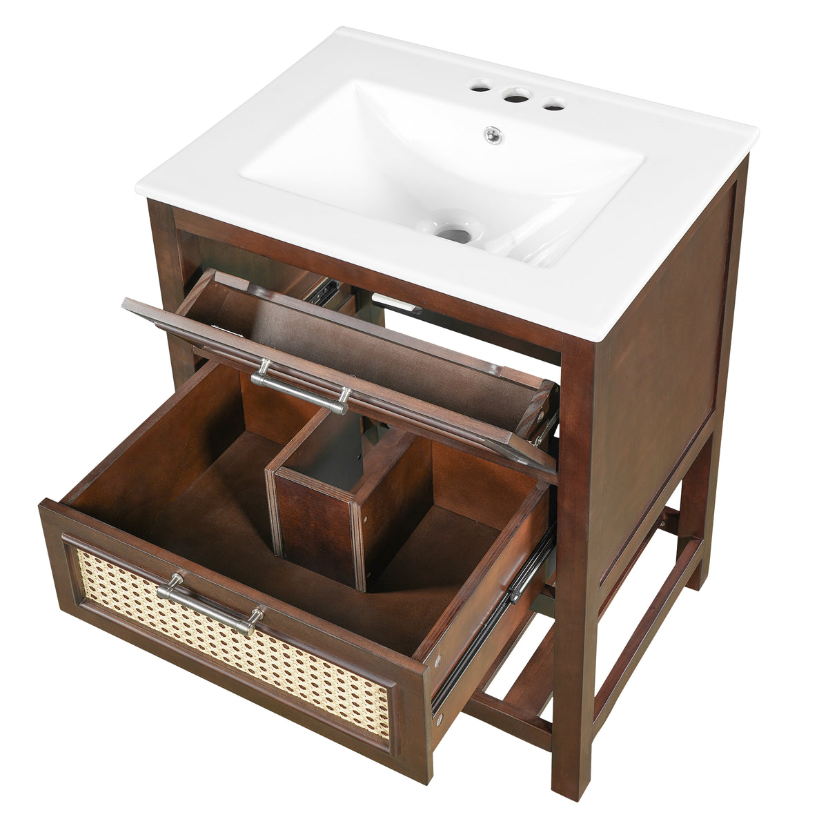 24" Bathroom Vanity with Sink, Modern Bathroom Vanity with Tip-Out Drawer & Ceramic Sink for 4" Centerset Faucet, Solid Wood Feet, Soft Close,Dark Brown
