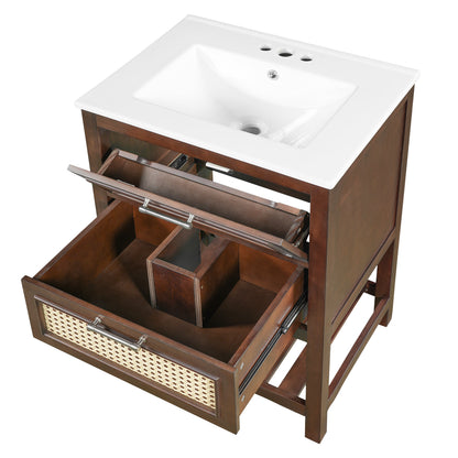 24" Bathroom Vanity with Sink, Modern Bathroom Vanity with Tip-Out Drawer & Ceramic Sink for 4" Centerset Faucet, Solid Wood Feet, Soft Close,Dark Brown