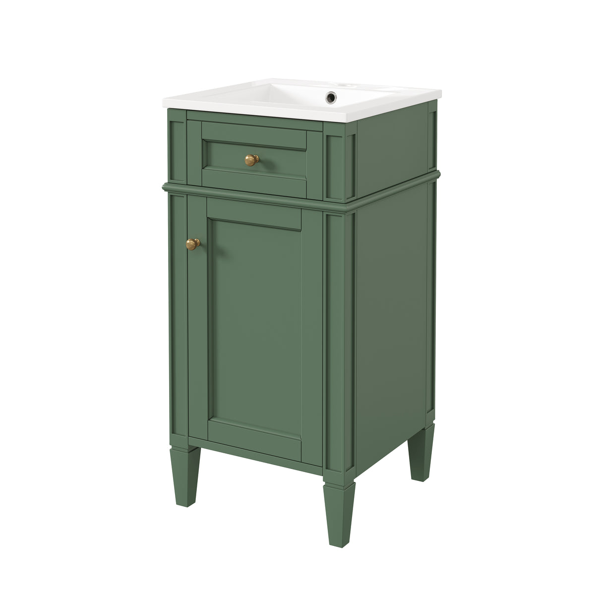 16" Bathroom Vanity with Sink, French Style Small Bathroom Vanity, Freestanding Wood Vanity Cabinet with Ceramic Sink Basin, Soft Close Door & U-Shaped Shelf,Green