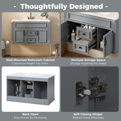 36" Floating Bathroom Vanity with Sink, Wall Mounted French Style Vanity with Stripe Carvings & Ceramic Sink for 4" Faucet, Overflow, Soft Close Door,Grey