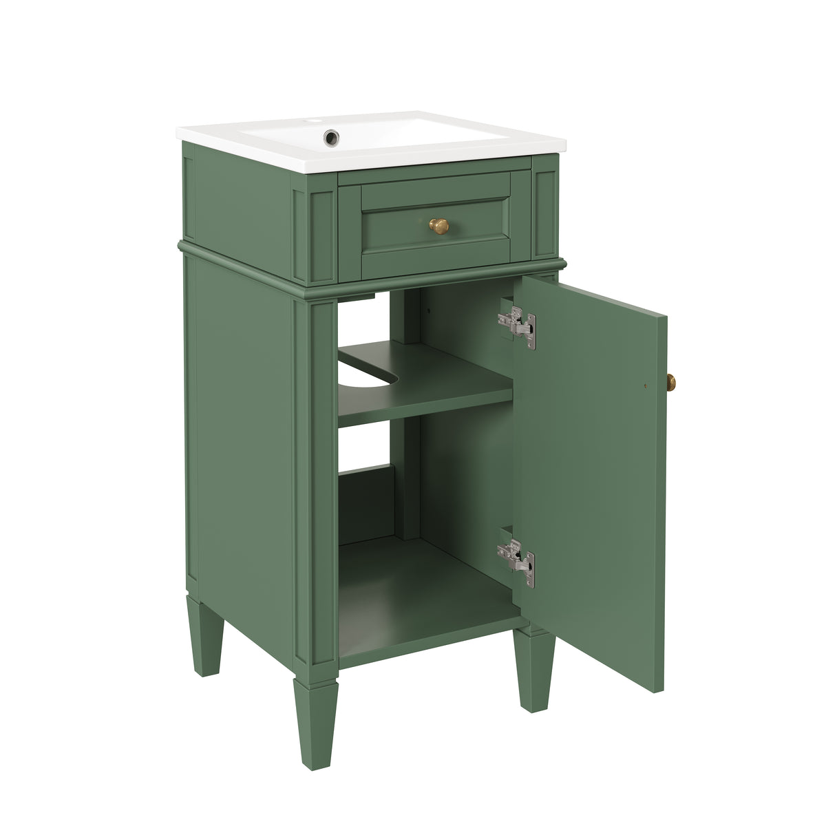 16" Bathroom Vanity with Sink, French Style Small Bathroom Vanity, Freestanding Wood Vanity Cabinet with Ceramic Sink Basin, Soft Close Door & U-Shaped Shelf,Green