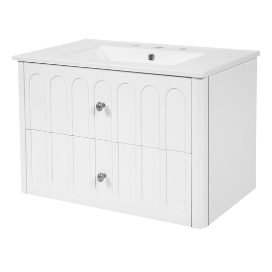30" Floating Bathroom Vanity with Sink, Wall Mounted Bathroom Vanity with U-Shaped Drawer & Ceramic Sink for 8" Faucet, Overflow, Oval Knobs,White