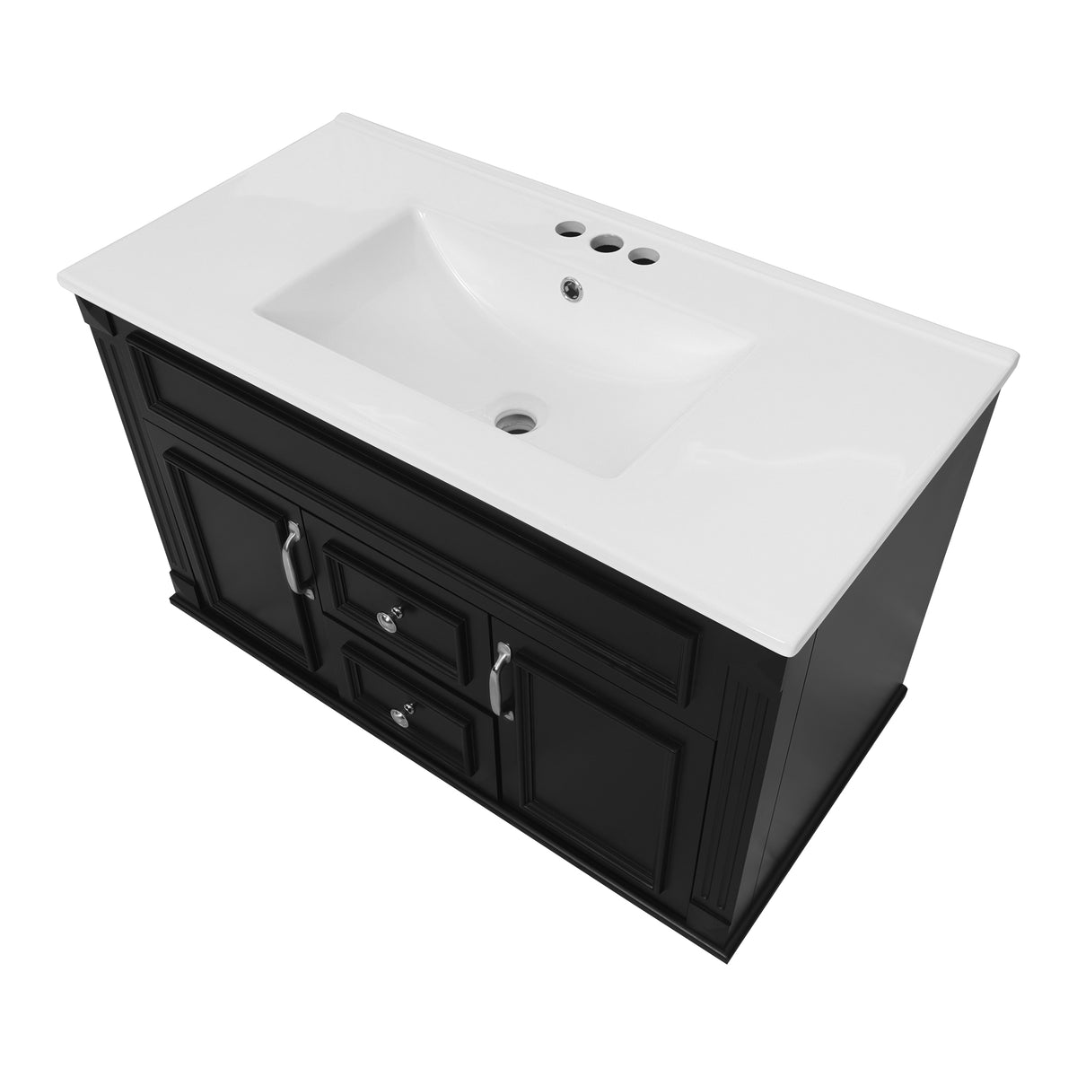 36" Floating Bathroom Vanity with Sink, Wall Mounted French Style Vanity with Stripe Carvings & Ceramic Sink for 4" Faucet, Overflow, Soft Close Door,Black