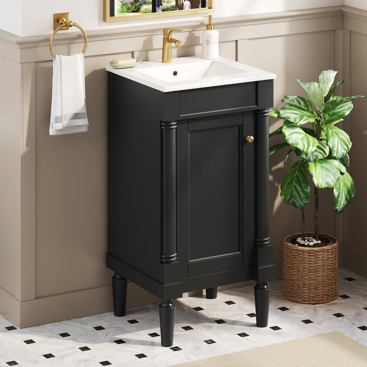 18" Bathroom Vanity with Sink, French Style Small Bathroom Vanity with Semi-Circular Column Design, Ceramic Sink with Overflow, Soft Close Door,Black