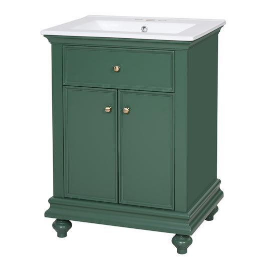 24" Bathroom Vanity with Sink, Farmhouse Bathroom Vanity with Ball-Turned Legs & Tip-Out Drawer, Adjustable Shelf, Soft Close Door, French Country Style,Green