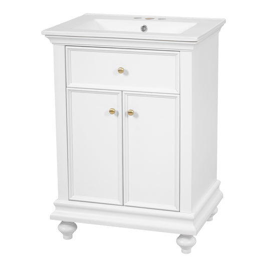 24" Bathroom Vanity with Sink, Farmhouse Bathroom Vanity with Ball-Turned Legs & Tip-Out Drawer, Adjustable Shelf, Soft Close Door, French Country Style,White