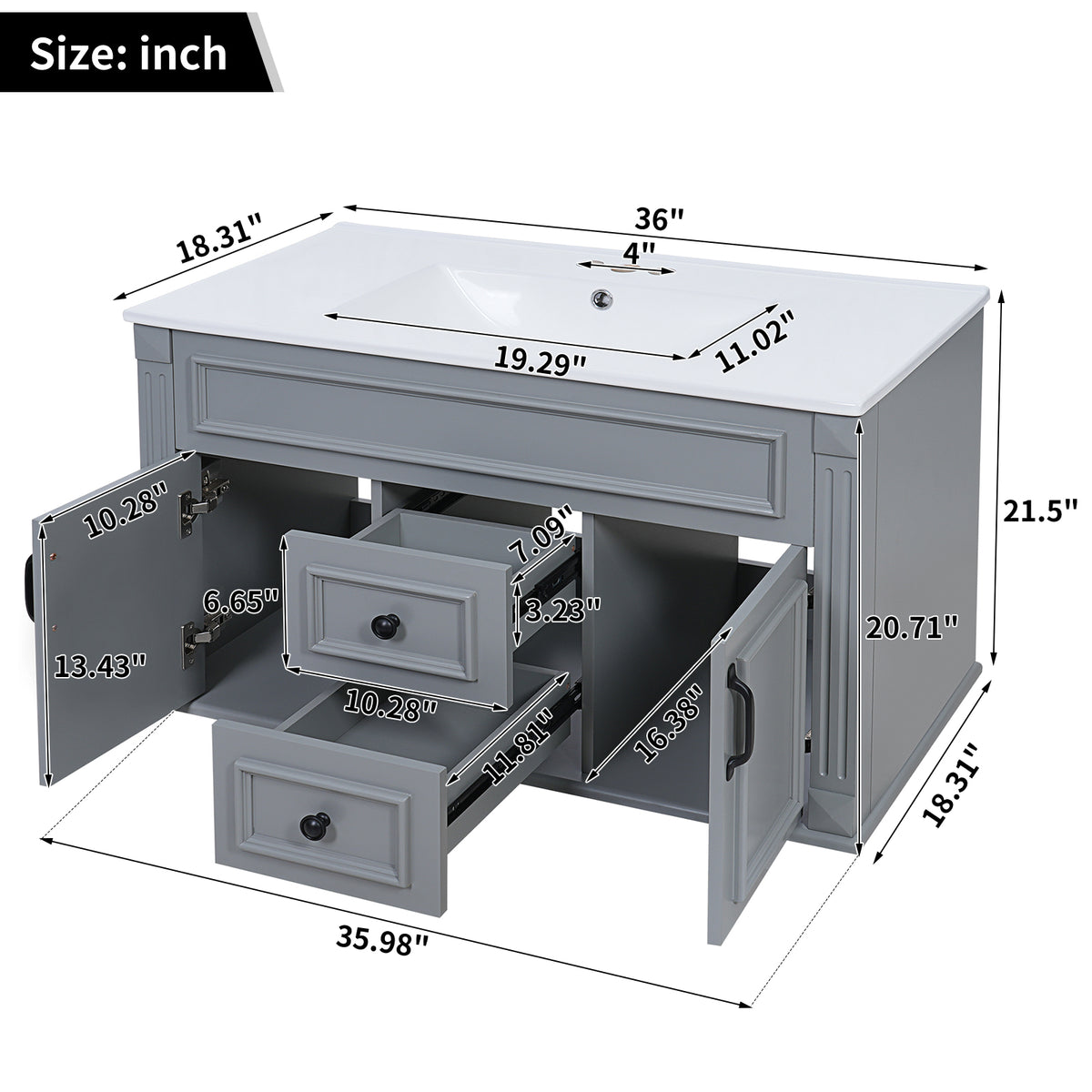 36" Floating Bathroom Vanity with Sink, Wall Mounted French Style Vanity with Stripe Carvings & Ceramic Sink for 4" Faucet, Overflow, Soft Close Door,Grey