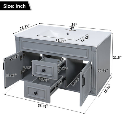 36" Floating Bathroom Vanity with Sink, Wall Mounted French Style Vanity with Stripe Carvings & Ceramic Sink for 4" Faucet, Overflow, Soft Close Door,Grey