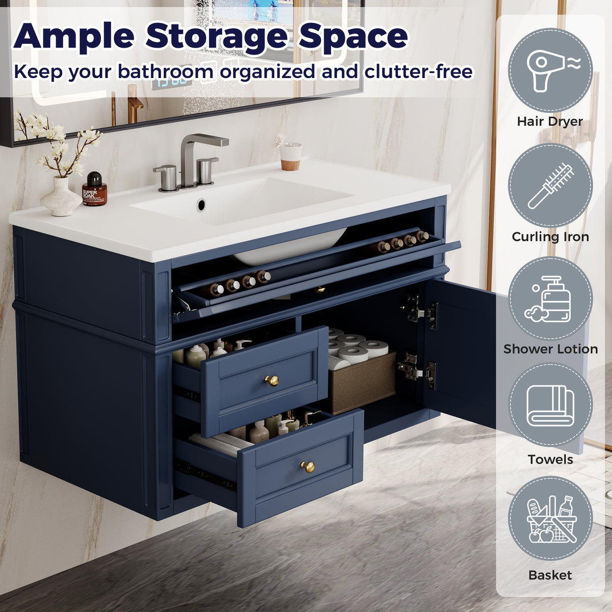36" Floating Bathroom Vanity with Sink, Wall Mounted Bathroom Vanity with 2 Drawers & Tip-Out Tray, Etched Stripe Design, Ceramic Sink with Overflow, Adjustable Height,Blue