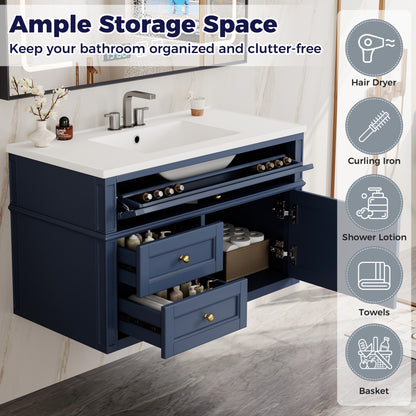 36" Floating Bathroom Vanity with Sink, Wall Mounted Bathroom Vanity with 2 Drawers & Tip-Out Tray, Etched Stripe Design, Ceramic Sink with Overflow, Adjustable Height,Blue
