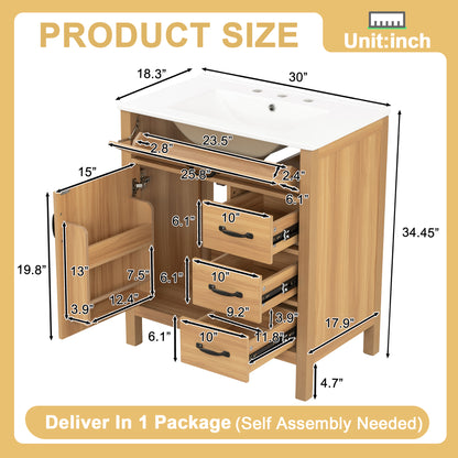 30" Bathroom Vanity with Sink, Bathroom Vanity with Tip-Out Drawer & 3 Drawers, Door Storage Rack, Ceramic Sink, Soft Close Slides, Black Handles,Acacia Wood