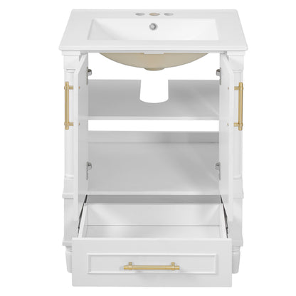 24" Bathroom Vanity with Sink, French Style Bathroom Vanity with Carved Legs & Drawer, Adjustable Shelf, Back Cutout for Plumbing, Soft Close Door,White