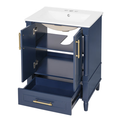 24" Bathroom Vanity with Sink, French Style Bathroom Vanity with Carved Legs & Drawer, Adjustable Shelf, Back Cutout for Plumbing, Soft Close Door,Blue