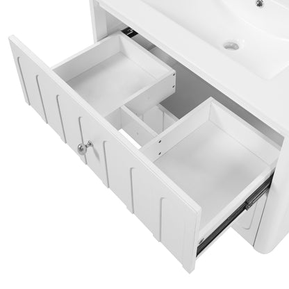 30" Floating Bathroom Vanity with Sink, Wall Mounted Bathroom Vanity with U-Shaped Drawer & Ceramic Sink for 8" Faucet, Overflow, Oval Knobs,White