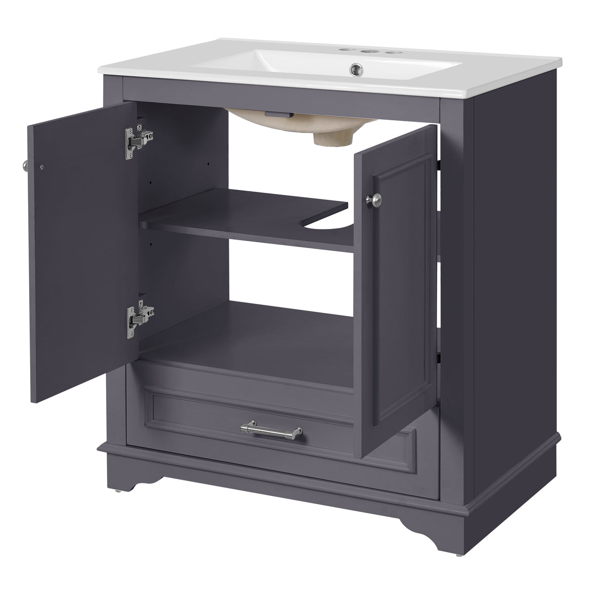30" Bathroom Vanity with Sink, Traditional Bathroom Vanity with Carved Detail & Solid Wood Frame, Double Doors & Drawer, Ceramic Sink with Overflow,Blue