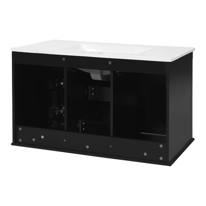 36" Floating Bathroom Vanity with Sink, Wall Mounted French Style Vanity with Stripe Carvings & Ceramic Sink for 4" Faucet, Overflow, Soft Close Door,Black
