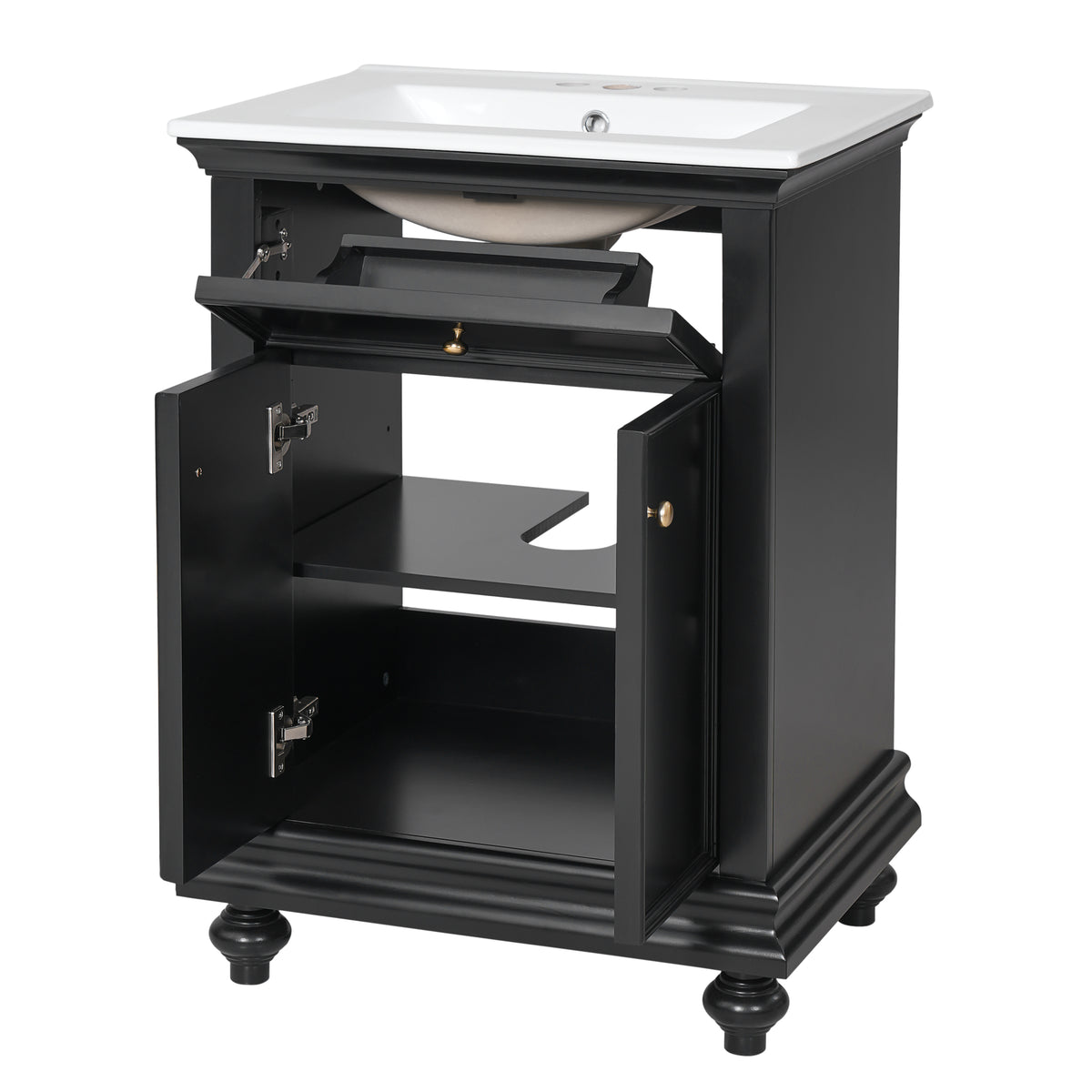 24" Bathroom Vanity with Sink, Farmhouse Bathroom Vanity with Ball-Turned Legs & Tip-Out Drawer, Adjustable Shelf, Soft Close Door, French Country Style,Black