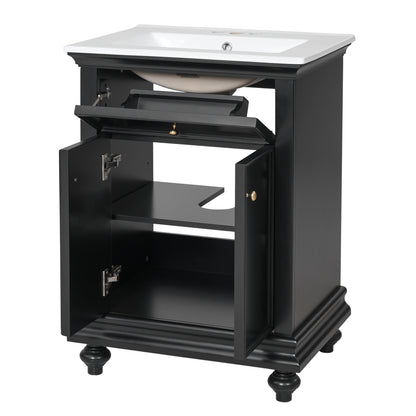 24" Bathroom Vanity with Sink, Farmhouse Bathroom Vanity with Ball-Turned Legs & Tip-Out Drawer, Adjustable Shelf, Soft Close Door, French Country Style,Black