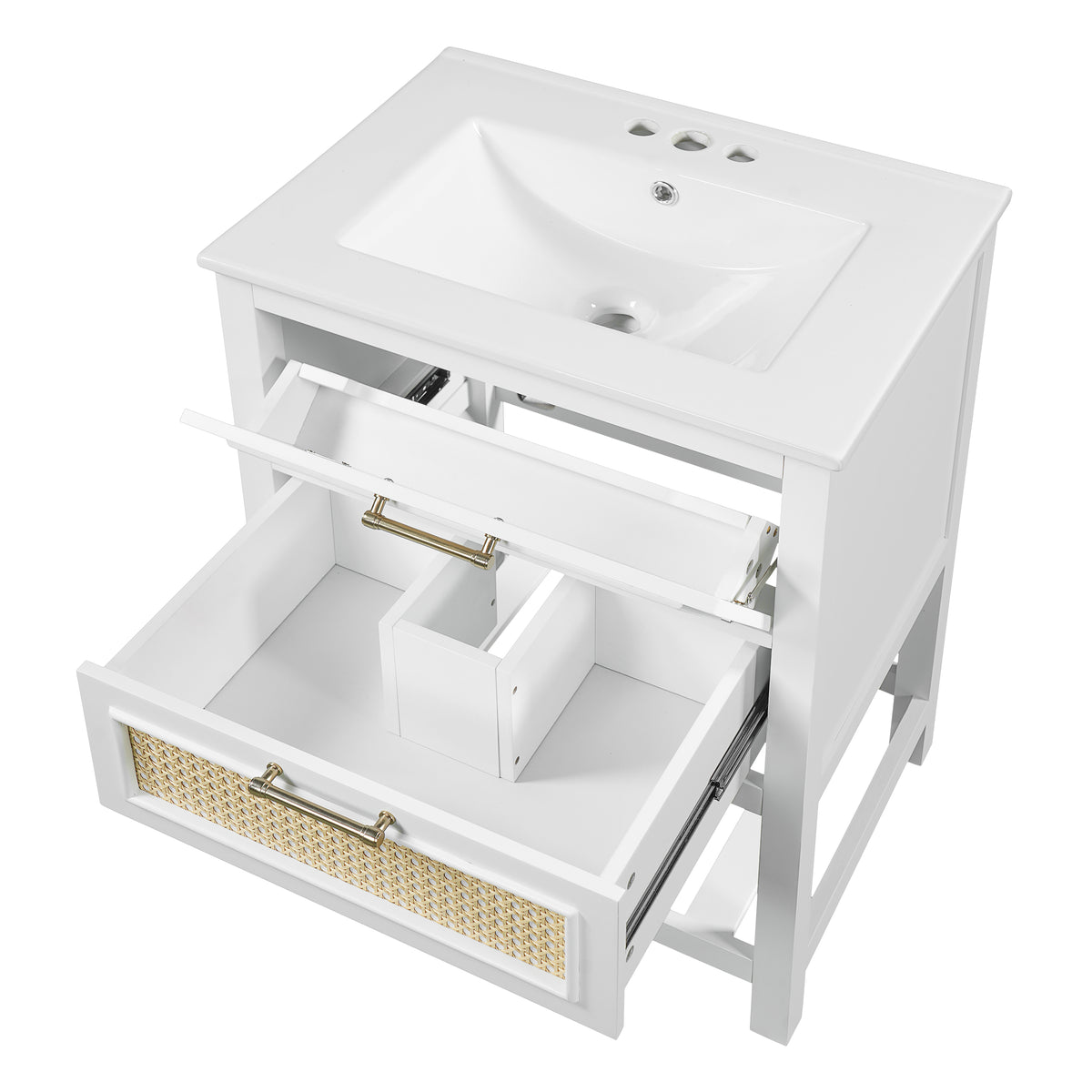 24" Bathroom Vanity with Sink, Modern Bathroom Vanity with Tip-Out Drawer & Ceramic Sink for 4" Centerset Faucet, Solid Wood Feet, Soft Close,White