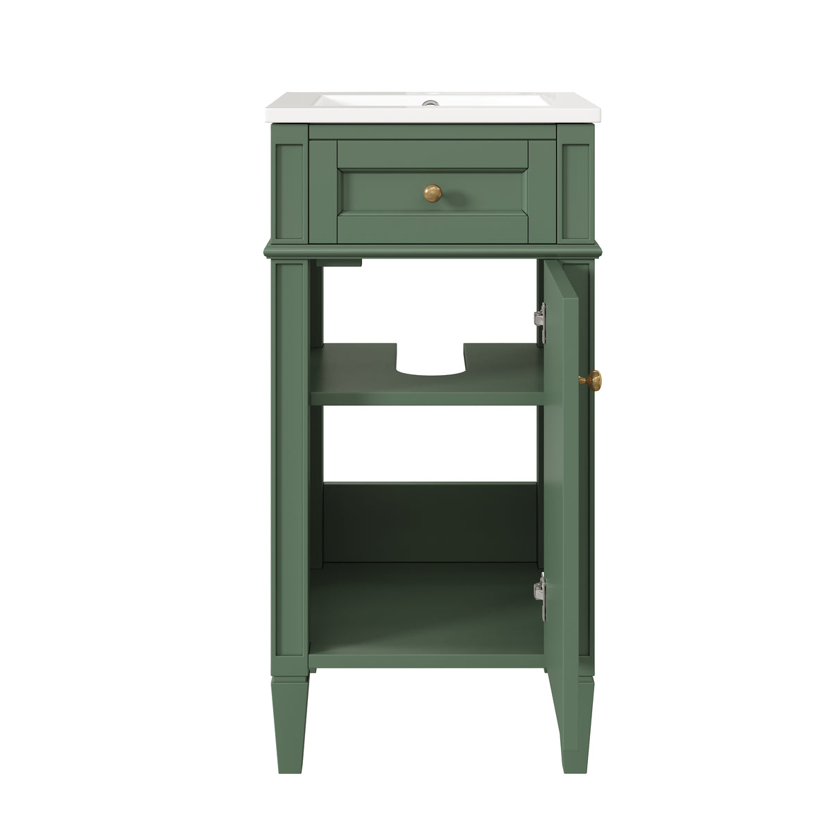 16" Bathroom Vanity with Sink, French Style Small Bathroom Vanity, Freestanding Wood Vanity Cabinet with Ceramic Sink Basin, Soft Close Door & U-Shaped Shelf,Green