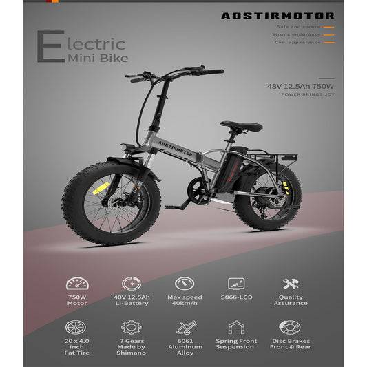 750W Folding 20x4 inch Fat Tire Electric Bike 25 mph 48V 13AH Lithium Battery Adult