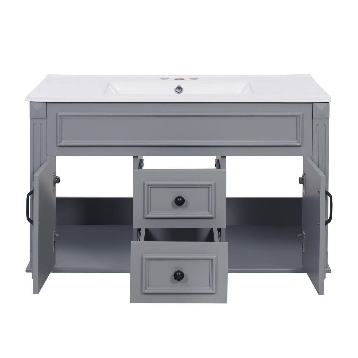 36" Floating Bathroom Vanity with Sink, Wall Mounted French Style Vanity with Stripe Carvings & Ceramic Sink for 4" Faucet, Overflow, Soft Close Door,Grey