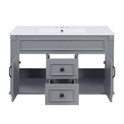 36" Floating Bathroom Vanity with Sink, Wall Mounted French Style Vanity with Stripe Carvings & Ceramic Sink for 4" Faucet, Overflow, Soft Close Door,Grey