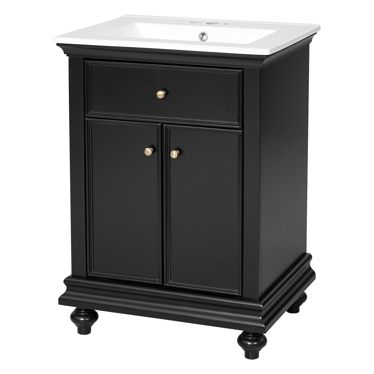 24" Bathroom Vanity with Sink, Farmhouse Bathroom Vanity with Ball-Turned Legs & Tip-Out Drawer, Adjustable Shelf, Soft Close Door, French Country Style,Black
