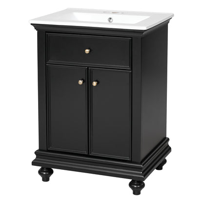 24" Bathroom Vanity with Sink, Farmhouse Bathroom Vanity with Ball-Turned Legs & Tip-Out Drawer, Adjustable Shelf, Soft Close Door, French Country Style,Black