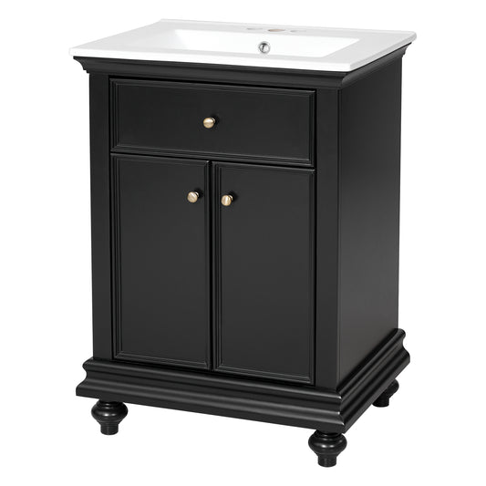 24" Bathroom Vanity with Sink, Farmhouse Bathroom Vanity with Ball-Turned Legs & Tip-Out Drawer, Adjustable Shelf, Soft Close Door, French Country Style,Black