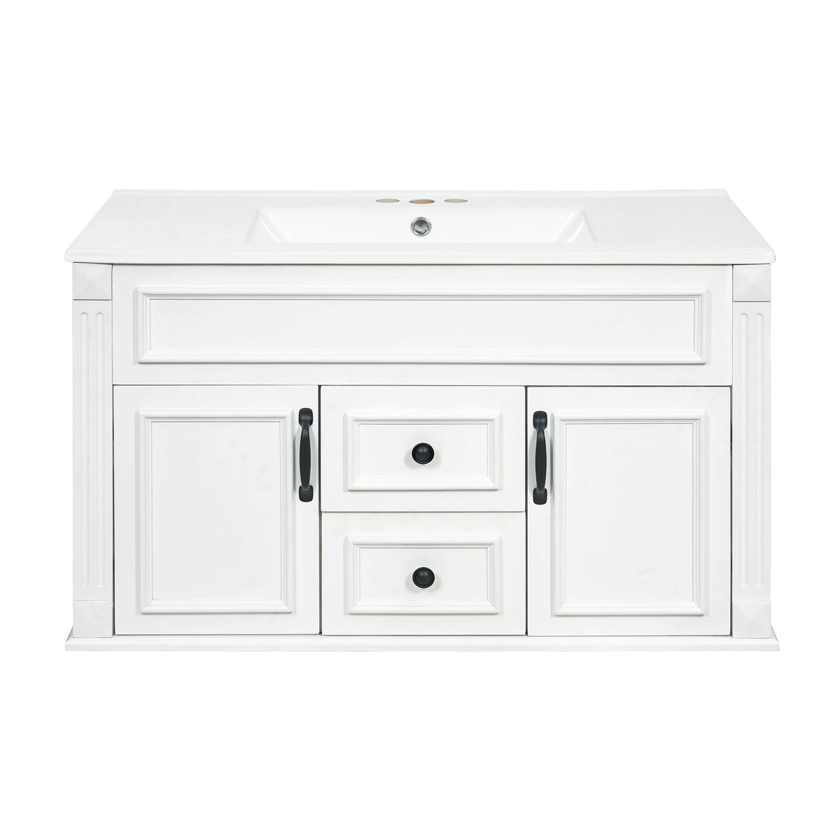 36" Floating Bathroom Vanity with Sink, Wall Mounted French Style Vanity with Stripe Carvings & Ceramic Sink for 4" Faucet, Overflow, Soft Close Door,White