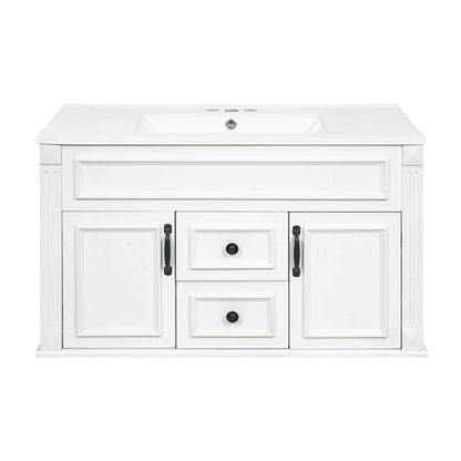 36" Floating Bathroom Vanity with Sink, Wall Mounted French Style Vanity with Stripe Carvings & Ceramic Sink for 4" Faucet, Overflow, Soft Close Door,White