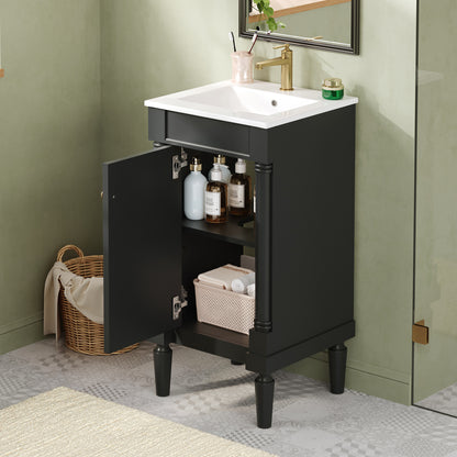 18" Bathroom Vanity with Sink, French Style Small Bathroom Vanity with Semi-Circular Column Design, Ceramic Sink with Overflow, Soft Close Door,Black