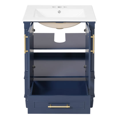24" Bathroom Vanity with Sink, French Style Bathroom Vanity with Carved Legs & Drawer, Adjustable Shelf, Back Cutout for Plumbing, Soft Close Door,Blue