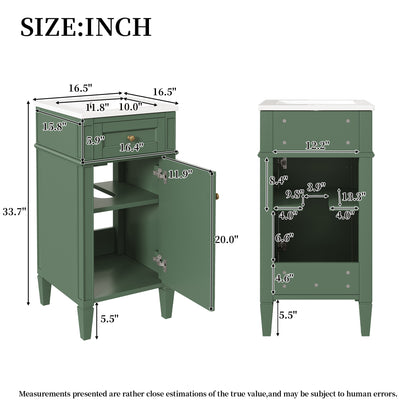 16" Bathroom Vanity with Sink, French Style Small Bathroom Vanity, Freestanding Wood Vanity Cabinet with Ceramic Sink Basin, Soft Close Door & U-Shaped Shelf,Green