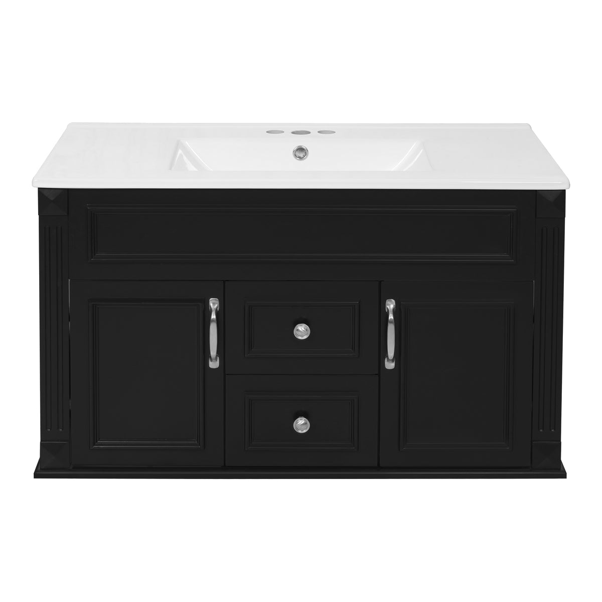 36" Floating Bathroom Vanity with Sink, Wall Mounted French Style Vanity with Stripe Carvings & Ceramic Sink for 4" Faucet, Overflow, Soft Close Door,Black