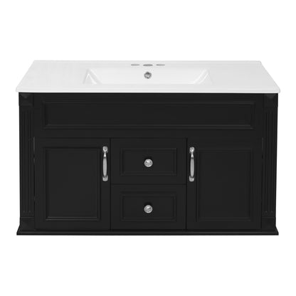 36" Floating Bathroom Vanity with Sink, Wall Mounted French Style Vanity with Stripe Carvings & Ceramic Sink for 4" Faucet, Overflow, Soft Close Door,Black