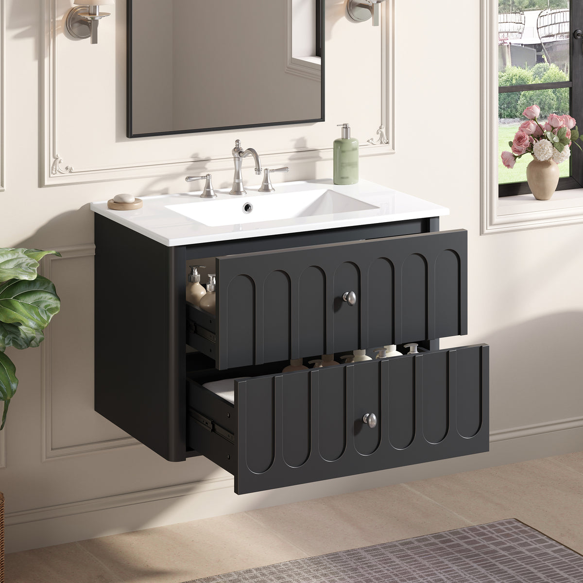 30" Floating Bathroom Vanity with Sink, Wall Mounted Bathroom Vanity with U-Shaped Drawer & Ceramic Sink for 8" Faucet, Overflow, Oval Knobs,Black
