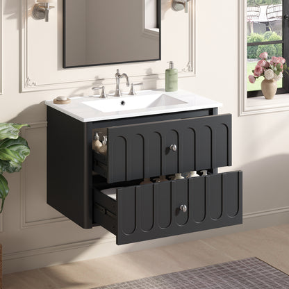 30" Floating Bathroom Vanity with Sink, Wall Mounted Bathroom Vanity with U-Shaped Drawer & Ceramic Sink for 8" Faucet, Overflow, Oval Knobs,Black
