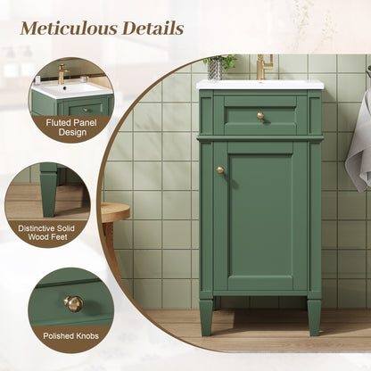 16" Bathroom Vanity with Sink, French Style Small Bathroom Vanity, Freestanding Wood Vanity Cabinet with Ceramic Sink Basin, Soft Close Door & U-Shaped Shelf,Green