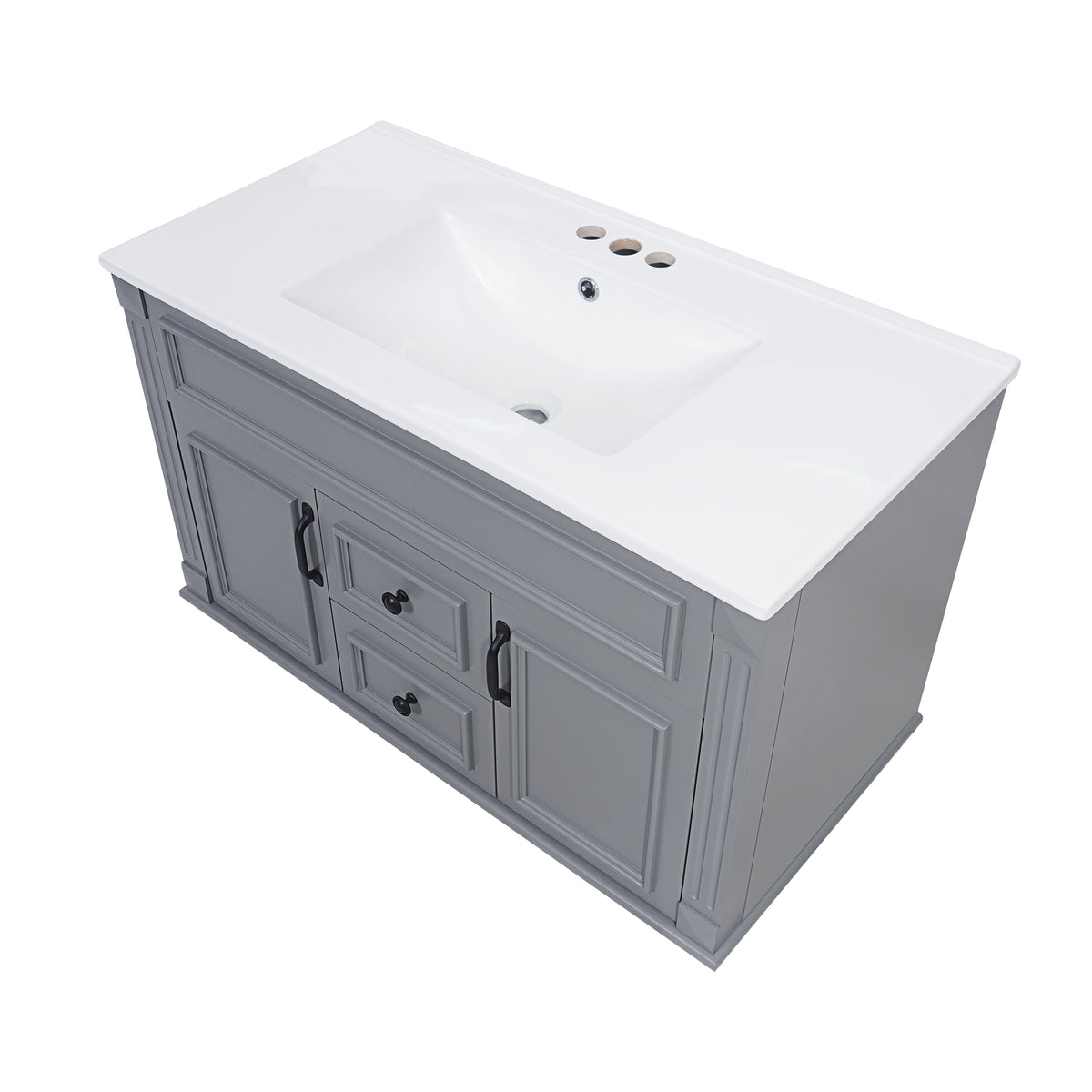 36" Floating Bathroom Vanity with Sink, Wall Mounted French Style Vanity with Stripe Carvings & Ceramic Sink for 4" Faucet, Overflow, Soft Close Door,Grey