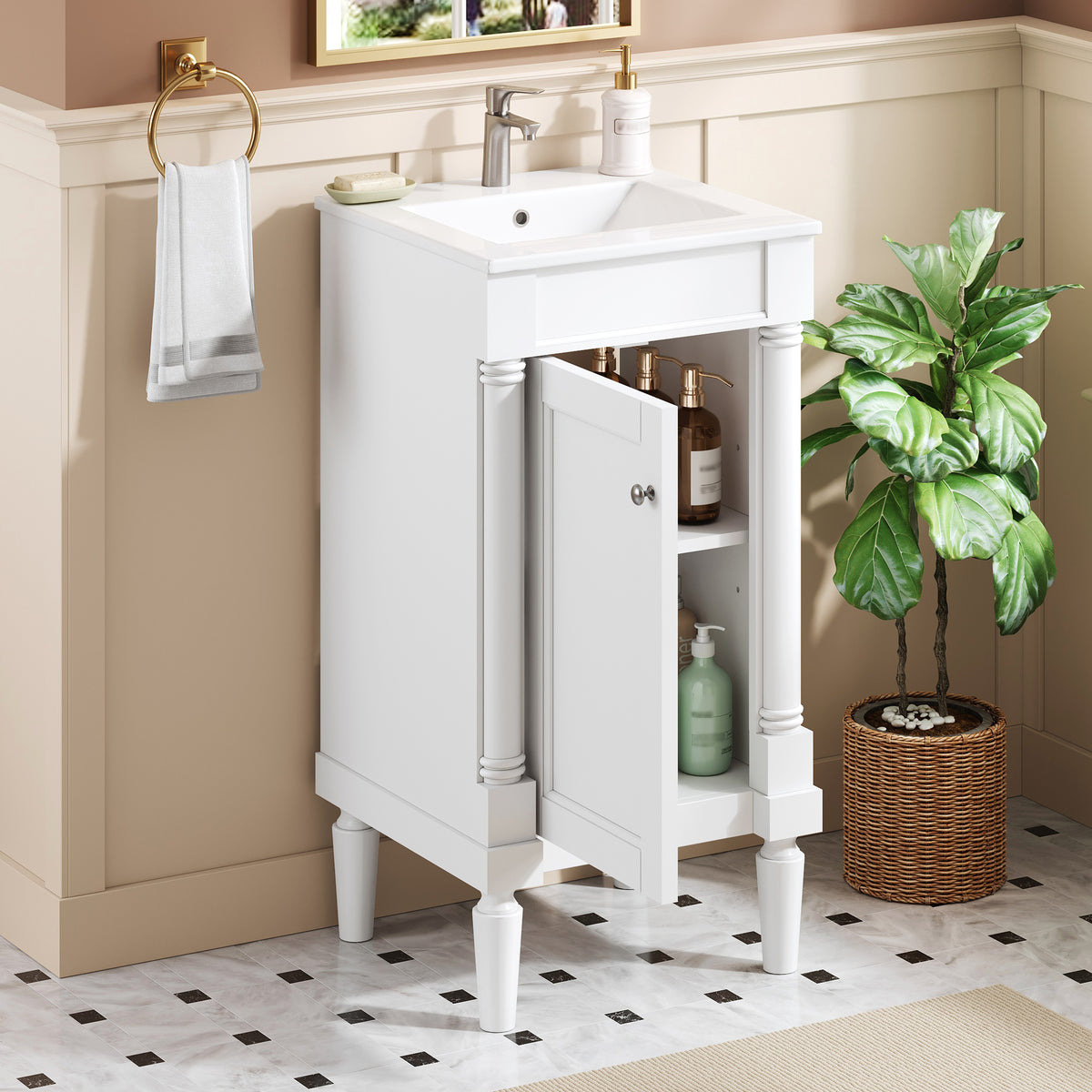 18" Bathroom Vanity with Sink, French Style Small Bathroom Vanity with Semi-Circular Column Design, Ceramic Sink with Overflow, Soft Close Door,White