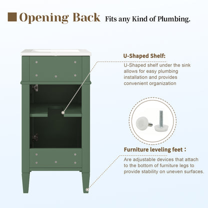 16" Bathroom Vanity with Sink, French Style Small Bathroom Vanity, Freestanding Wood Vanity Cabinet with Ceramic Sink Basin, Soft Close Door & U-Shaped Shelf,Green