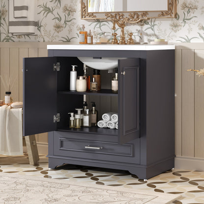 30" Bathroom Vanity with Sink, Traditional Bathroom Vanity with Carved Detail & Solid Wood Frame, Double Doors & Drawer, Ceramic Sink with Overflow,Blue