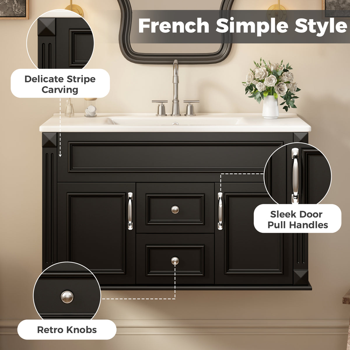 36" Floating Bathroom Vanity with Sink, Wall Mounted French Style Vanity with Stripe Carvings & Ceramic Sink for 4" Faucet, Overflow, Soft Close Door,Black